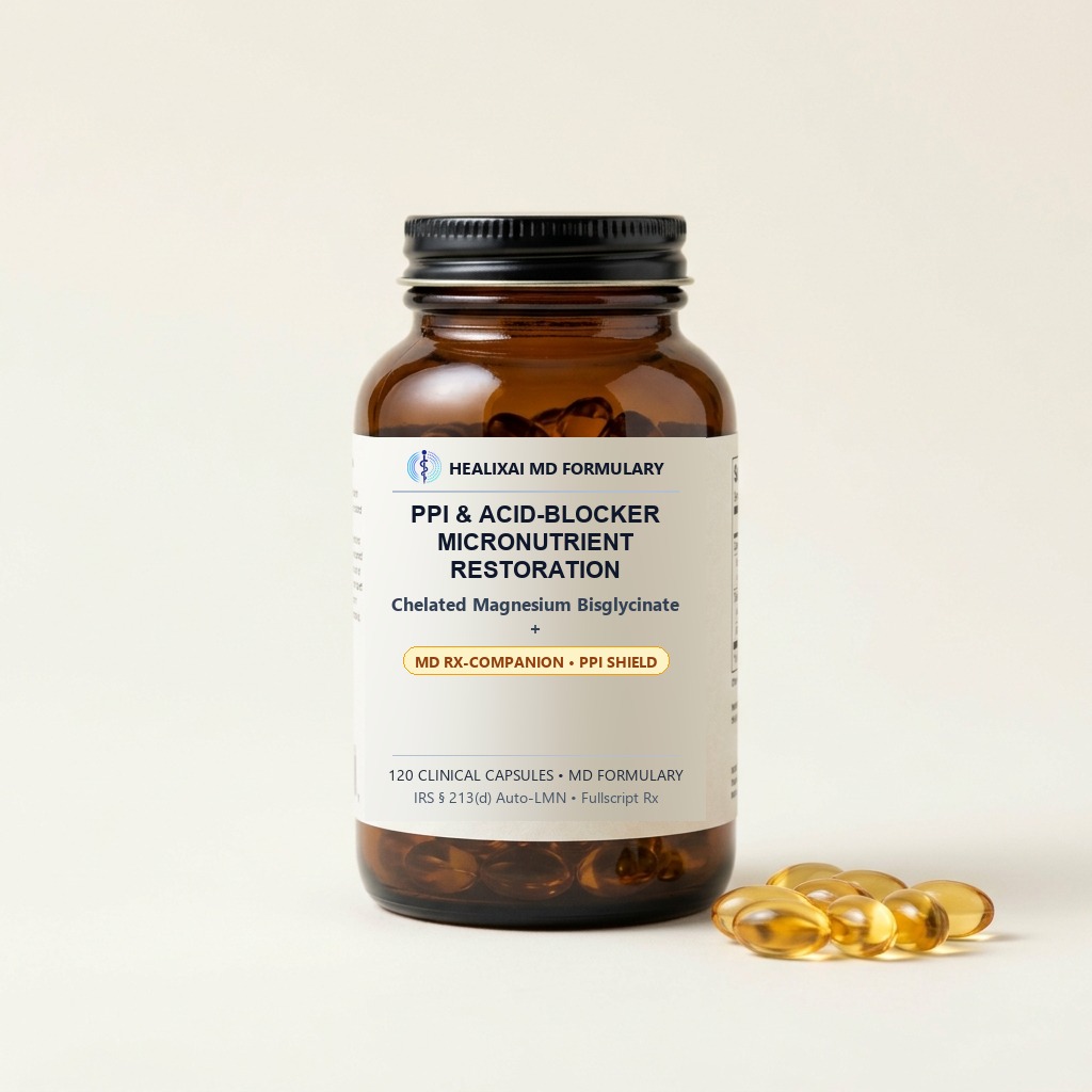 PPI & Acid-Blocker Micronutrient Restoration Protocol from HealixAI — PPI & Acid-Blocker Micronutrient Restoration Protocol (Chelated Magnesium Bisglycinate + Methyl-B12 + Ferrous Bisglycinate + Zinc) ($33.60 HSA/FSA Eligible)